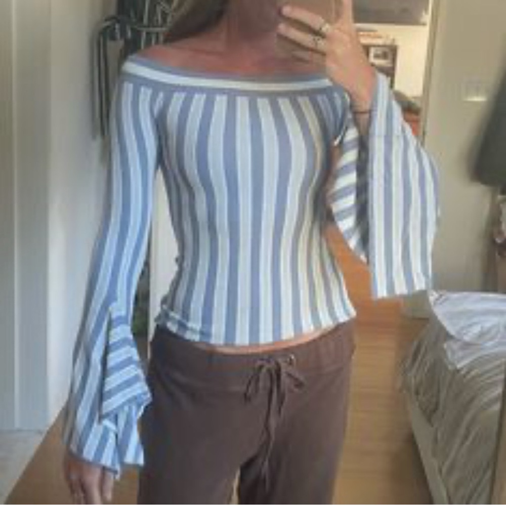 BCBG Striped Off-Shoulder Bell Sleeve Top